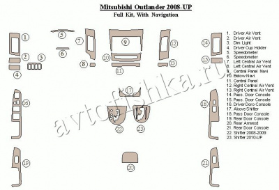 Декоративные накладки салона Mitsubishi Outlander 2008-н.в. полный набор, c навигацией